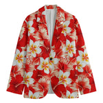 Red Hibiscus Plumeria Pattern Print Men's Cotton Blazer