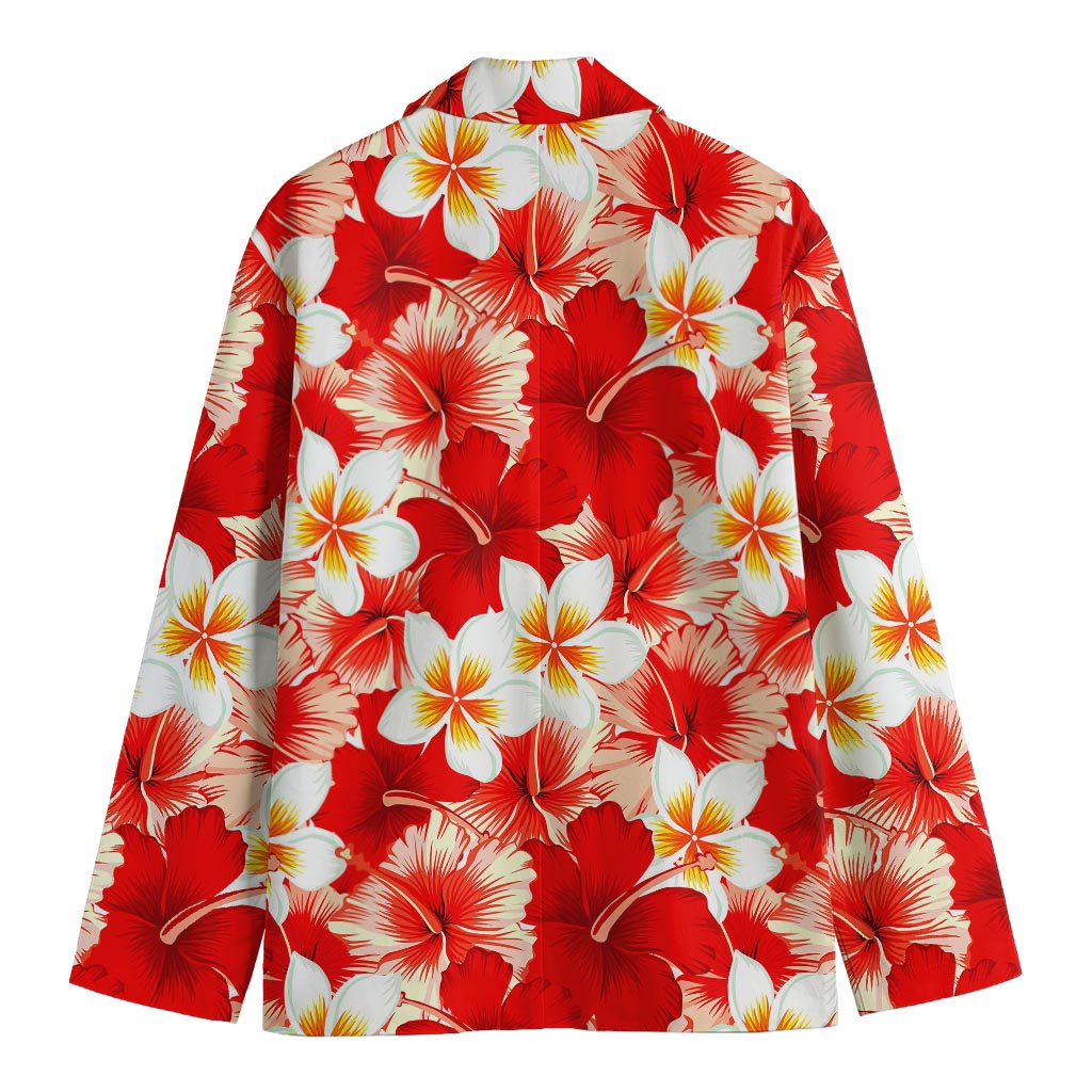 Red Hibiscus Plumeria Pattern Print Men's Cotton Blazer