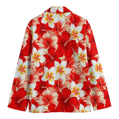 Red Hibiscus Plumeria Pattern Print Men's Cotton Blazer