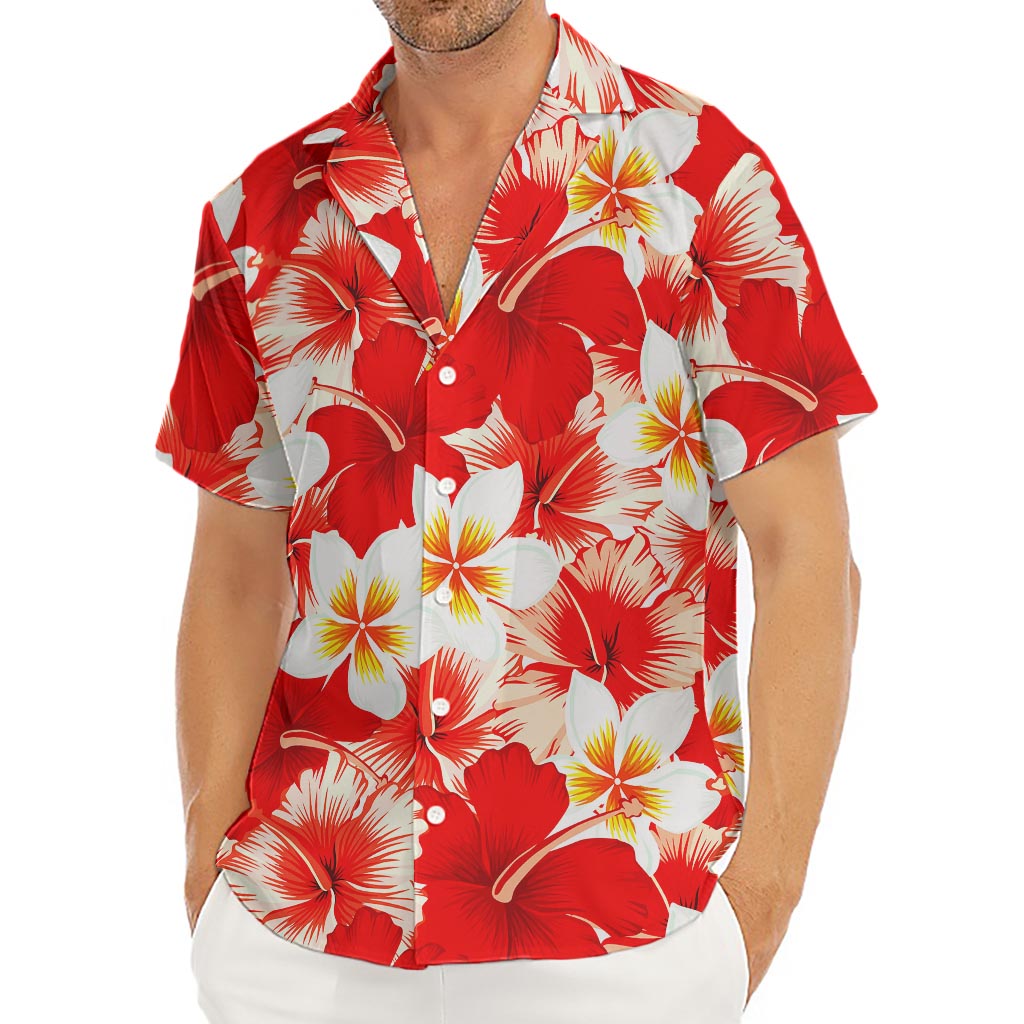Red Hibiscus Plumeria Pattern Print Men's Deep V-Neck Shirt