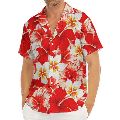 Red Hibiscus Plumeria Pattern Print Men's Deep V-Neck Shirt