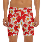 Red Hibiscus Plumeria Pattern Print Men's Long Boxer Briefs