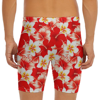 Red Hibiscus Plumeria Pattern Print Men's Long Boxer Briefs