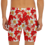 Red Hibiscus Plumeria Pattern Print Men's Long Boxer Briefs