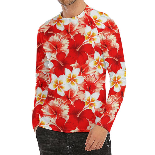 Red Hibiscus Plumeria Pattern Print Men's Long Sleeve Rash Guard