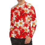 Red Hibiscus Plumeria Pattern Print Men's Long Sleeve Rash Guard