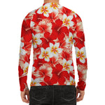 Red Hibiscus Plumeria Pattern Print Men's Long Sleeve Rash Guard