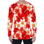 Red Hibiscus Plumeria Pattern Print Men's Long Sleeve T-Shirt