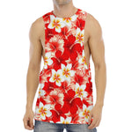 Red Hibiscus Plumeria Pattern Print Men's Muscle Tank Top