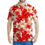 Red Hibiscus Plumeria Pattern Print Men's Polo Shirt