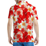 Red Hibiscus Plumeria Pattern Print Men's Polo Shirt