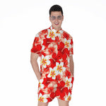 Red Hibiscus Plumeria Pattern Print Men's Rompers