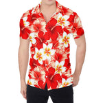 Red Hibiscus Plumeria Pattern Print Men's Shirt
