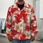 Red Hibiscus Plumeria Pattern Print Men's Shirt Jacket