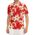 Red Hibiscus Plumeria Pattern Print Men's Short Sleeve Rash Guard