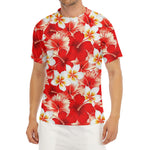Red Hibiscus Plumeria Pattern Print Men's Short Sleeve Rash Guard
