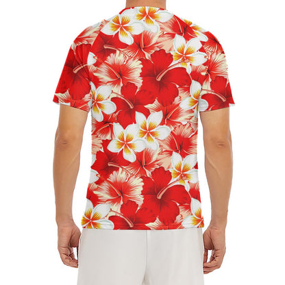 Red Hibiscus Plumeria Pattern Print Men's Short Sleeve Rash Guard