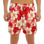 Red Hibiscus Plumeria Pattern Print Men's Split Running Shorts