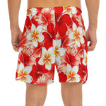 Red Hibiscus Plumeria Pattern Print Men's Split Running Shorts
