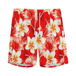 Red Hibiscus Plumeria Pattern Print Men's Sports Shorts