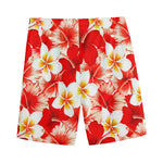 Red Hibiscus Plumeria Pattern Print Men's Sports Shorts