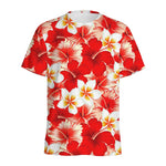 Red Hibiscus Plumeria Pattern Print Men's Sports T-Shirt