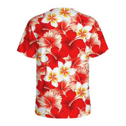 Red Hibiscus Plumeria Pattern Print Men's Sports T-Shirt
