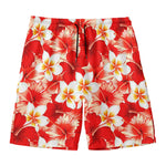 Red Hibiscus Plumeria Pattern Print Men's Swim Trunks