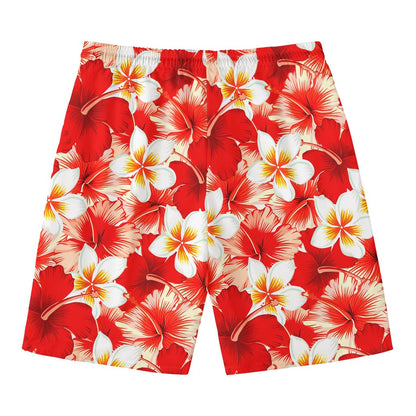 Red Hibiscus Plumeria Pattern Print Men's Swim Trunks