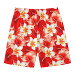 Red Hibiscus Plumeria Pattern Print Men's Swim Trunks