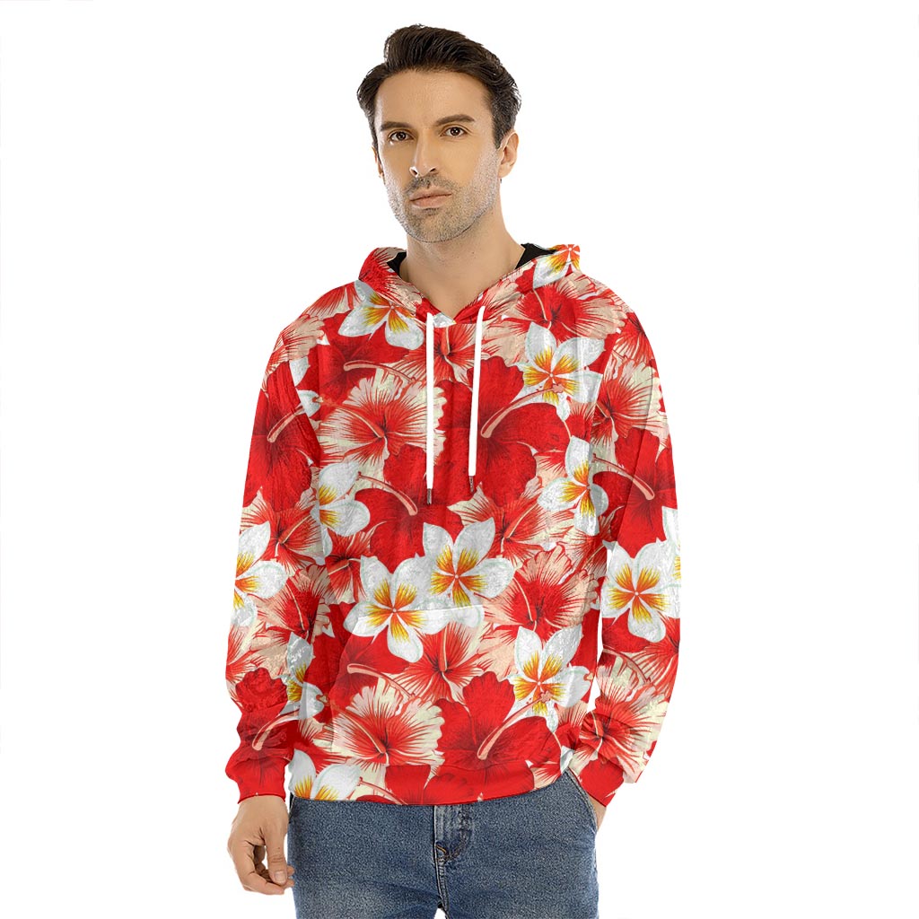 Red Hibiscus Plumeria Pattern Print Men's Velvet Pullover Hoodie