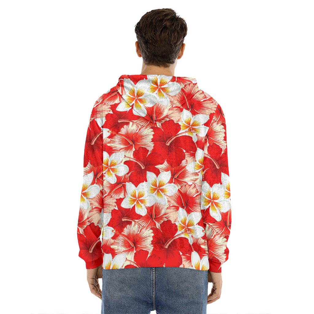 Red Hibiscus Plumeria Pattern Print Men's Velvet Pullover Hoodie