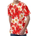 Red Hibiscus Plumeria Pattern Print Men's Velvet T-Shirt