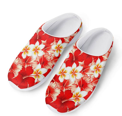 Red Hibiscus Plumeria Pattern Print Mesh Casual Shoes
