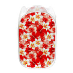 Red Hibiscus Plumeria Pattern Print Mesh Laundry Hamper