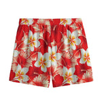 Red Hibiscus Plumeria Pattern Print Mesh Shorts