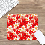 Red Hibiscus Plumeria Pattern Print Mouse Pad
