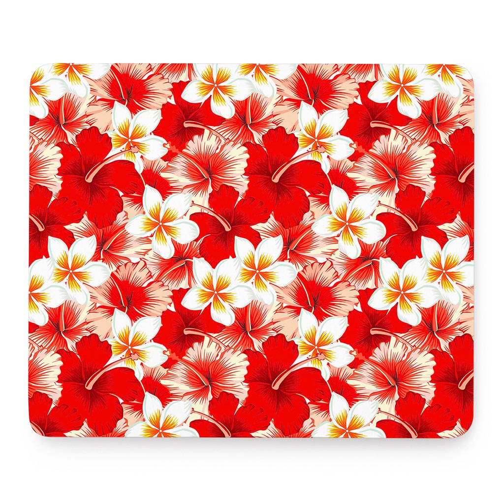 Red Hibiscus Plumeria Pattern Print Mouse Pad