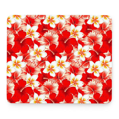 Red Hibiscus Plumeria Pattern Print Mouse Pad