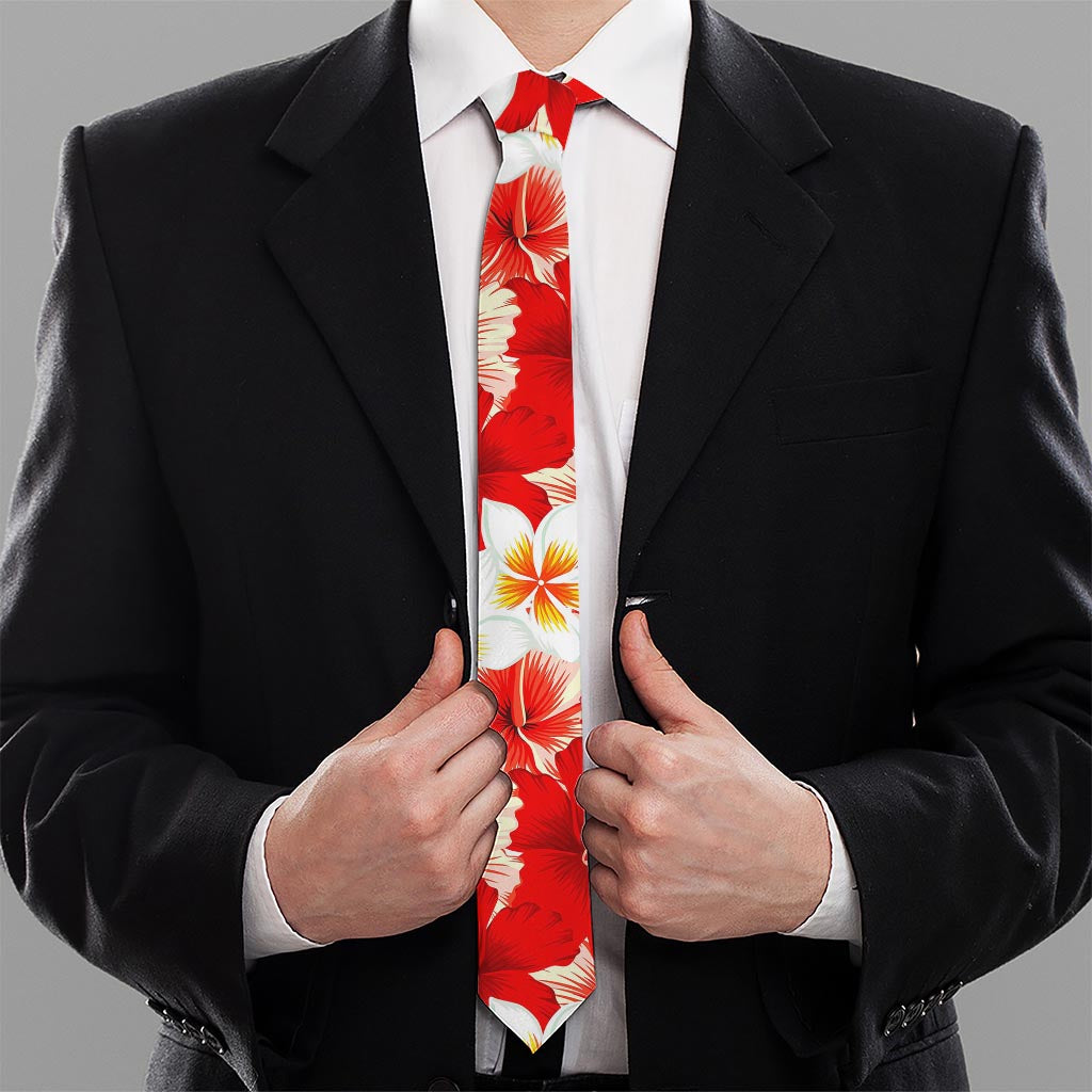 Red Hibiscus Plumeria Pattern Print Necktie