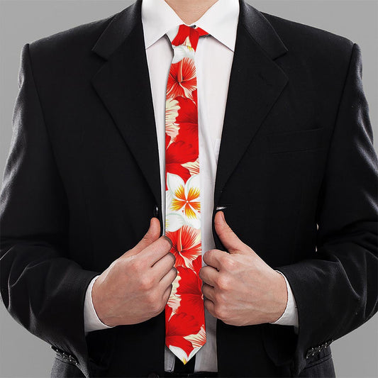 Red Hibiscus Plumeria Pattern Print Necktie