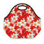 Red Hibiscus Plumeria Pattern Print Neoprene Lunch Bag
