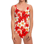 Red Hibiscus Plumeria Pattern Print One Piece Swimsuit