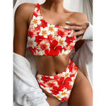 Red Hibiscus Plumeria Pattern Print One Shoulder Bikini Top