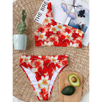 Red Hibiscus Plumeria Pattern Print One Shoulder Bikini Top