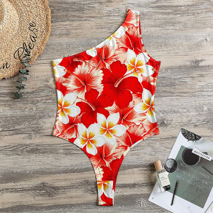 Red Hibiscus Plumeria Pattern Print One Shoulder Bodysuit