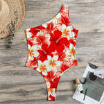 Red Hibiscus Plumeria Pattern Print One Shoulder Bodysuit