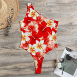 Red Hibiscus Plumeria Pattern Print One Shoulder Bodysuit