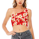 Red Hibiscus Plumeria Pattern Print One Shoulder Crop Top