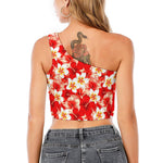 Red Hibiscus Plumeria Pattern Print One Shoulder Crop Top